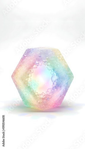 A textured hexagonal crystal with soft pastel rainbow colors glows brightly