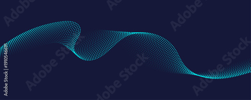 Flowing dots particles wave pattern in blue green colors. Vector curve light line. Abstract background banner design for music, Ai technology, neural network concept