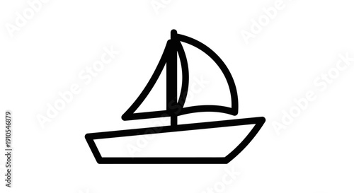 Simple black line art icon of a sailboat, a minimal graphic illustration representing navigation, travel, leisure, or water sports.