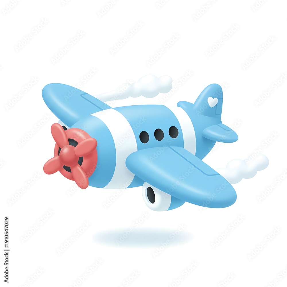 Naklejka premium A cute blue cartoon airplane with a red propeller and a heart detail is flying