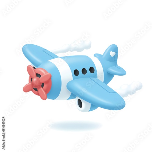 A cute blue cartoon airplane with a red propeller and a heart detail is flying