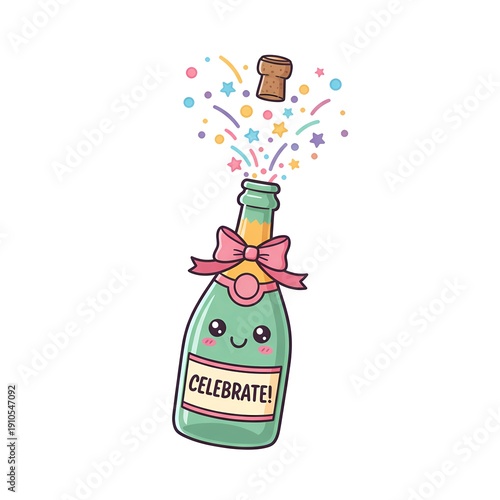 Smiling champagne bottle pops its cork with colorful confetti to celebrate