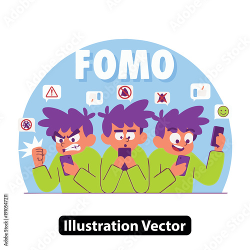 Cartoon people experiencing FOMO while using smartphones in a humorous illustration vector graphic