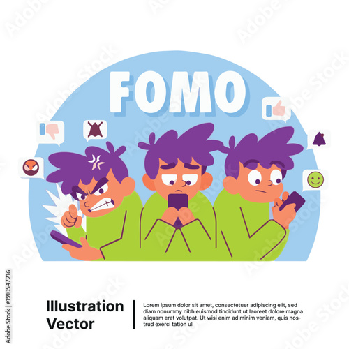 Three anxious individuals obsessively checking phones amidst FOMO notifications in a modern illustration style