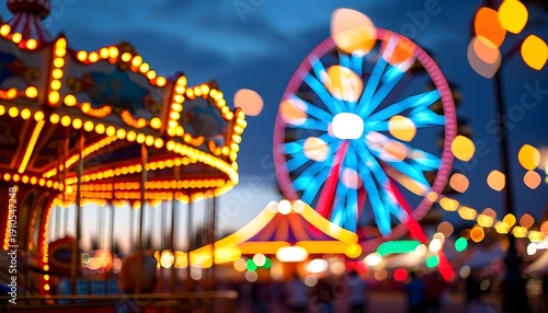 Vibrant evening scene of a lit-up Ferris wheel and merry-go-round at a bustling summer carnival with people.