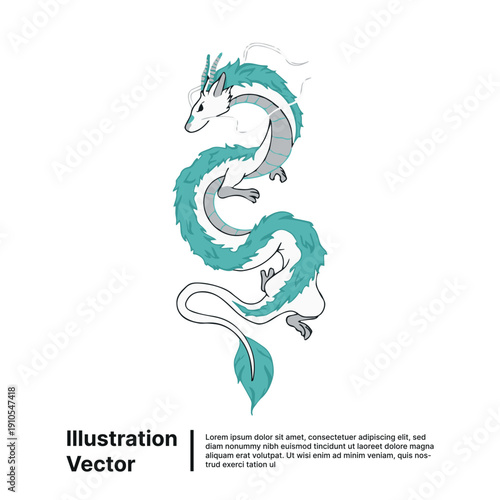 A serene dragon illustration with flowing turquoise and white scales in a minimalist vector style from a front viewpoint