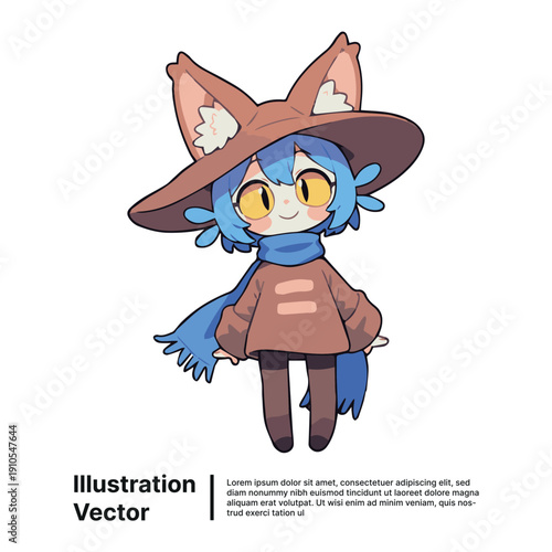 A cartoon character with blue hair and a brown hat stands smiling in a fantasy setting illustration