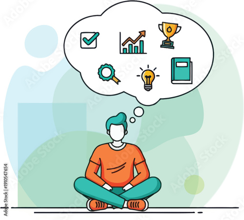 Person meditating with thought bubble icons isolated on transparent background