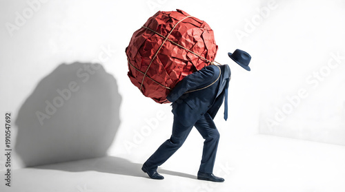Invisible Businessman Carrying Giant Red Paper Boulder: Surreal Metaphor for Corporate Stress, Heavy Workload, and Professional Burnout