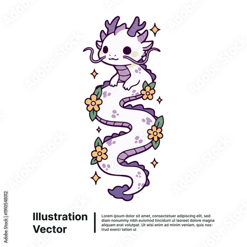 Whimsical illustration of a purple axolotl surrounded by flowers and sparkles in a fantastical setting viewed from the front