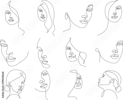 Set of portraits. Simple, minimalist vector illustration of beautiful woman face. Line drawing.