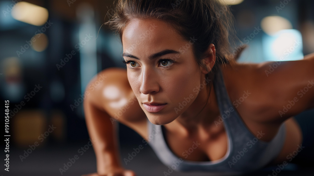 Fototapeta premium Woman doing push-ups in gym, strength training exercise, female fitness routine, bodyweight workout performance, athletic training session, muscle building activity, defocused background, with