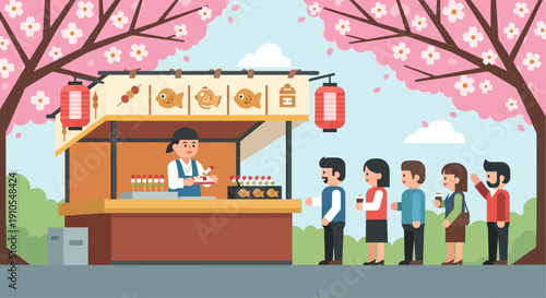 This vibrant flat design illustration captures a lively Japanese street food vendor serving popular snacks like dango amidst blooming cherry blossom trees during a bustling hanami festival.