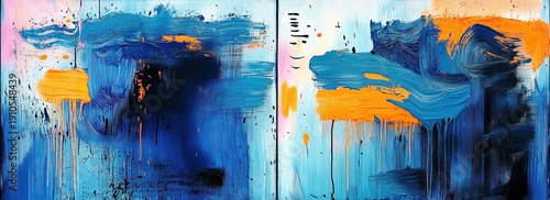abstract diptych of sweeping cobalt and teal brushstrokes with bright orange drips, bold black accents, textured wet paint and energetic, moody motion across a horizontal canvas