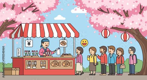 This vibrant flat design illustration captures a lively Japanese street food vendor serving popular snacks like dango amidst blooming cherry blossom trees during a bustling hanami festival.