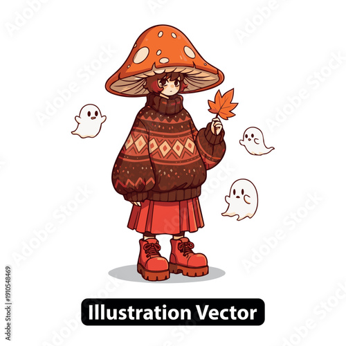 A young girl in a red skirt and orange mushroom hat stands surrounded by ghostly spirits holding an autumn leaf.