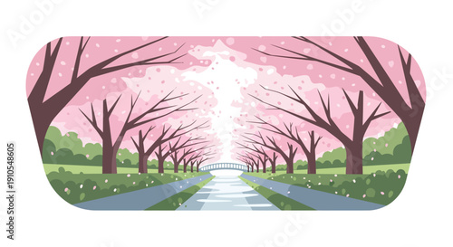 An enchanting flat design illustration depicting a stunning cherry blossom tunnel, forming a picturesque archway over a serene pathway or canal in Japan, inviting viewers into its pink embrace