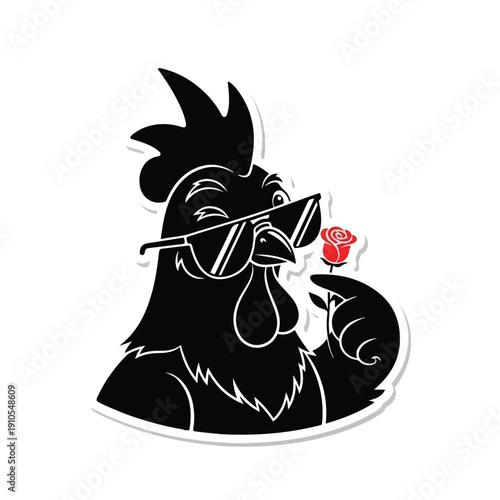Black Rooster Cartoon Character Wearing Sunglasses.