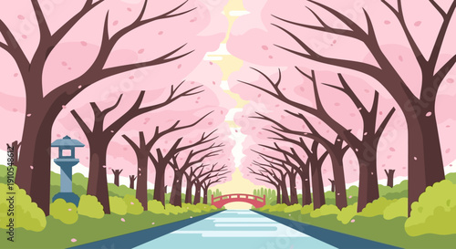 An enchanting flat design illustration depicting a stunning cherry blossom tunnel, forming a picturesque archway over a serene pathway or canal in Japan, inviting viewers into its pink embrace