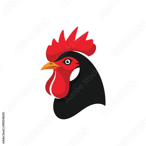 Black Rooster Head Illustration with Red Comb.