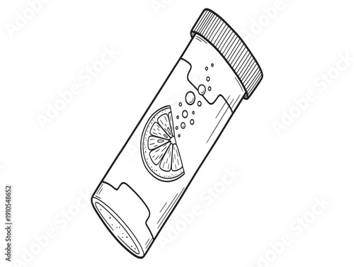 A black and white illustration of a refreshing drink bottle with a lemon slice