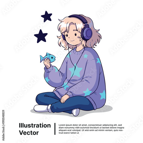 Young woman wearing headphones and holding a fish-shaped object, sitting on the floor surrounded by stars, in a relaxed state, viewed from the side