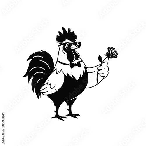 Stylish Cartoon Rooster Holding a Rose.