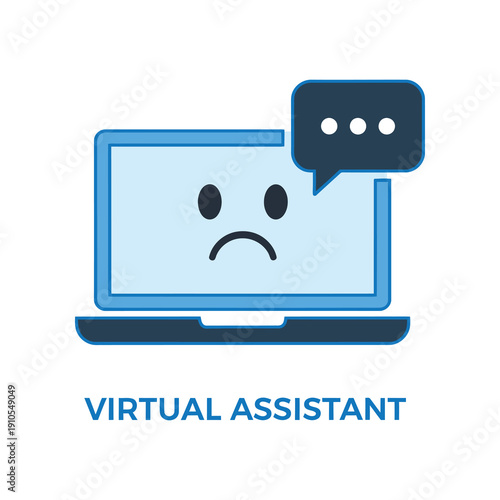 Sad virtual assistant laptop with speech bubble on screen icon
