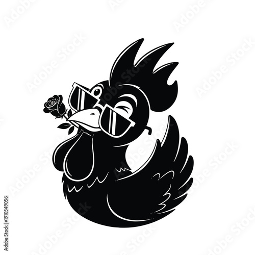 Stylish Cartoon Rooster with Sunglasses and Rose.