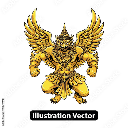 Golden deity with wings and fierce expression in dynamic stance vector illustration