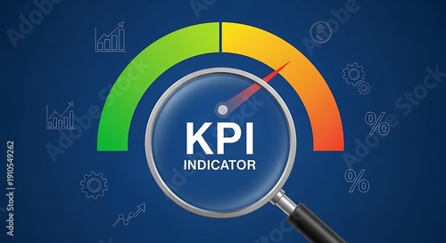 Measuring performance with a kpi indicator gauge and magnifying glass.