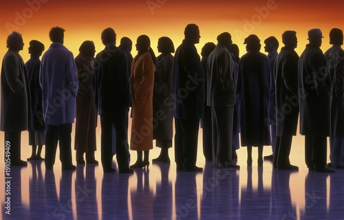 Group of silhouetted figures standing on urban plaza at sunset with colorful sky and wet ground