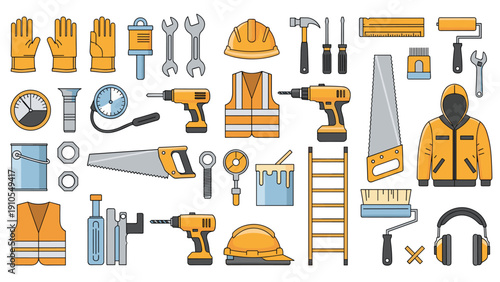 Comprehensive collection of various construction, carpentry, and repair tools isolated on a white background for DIY themes.