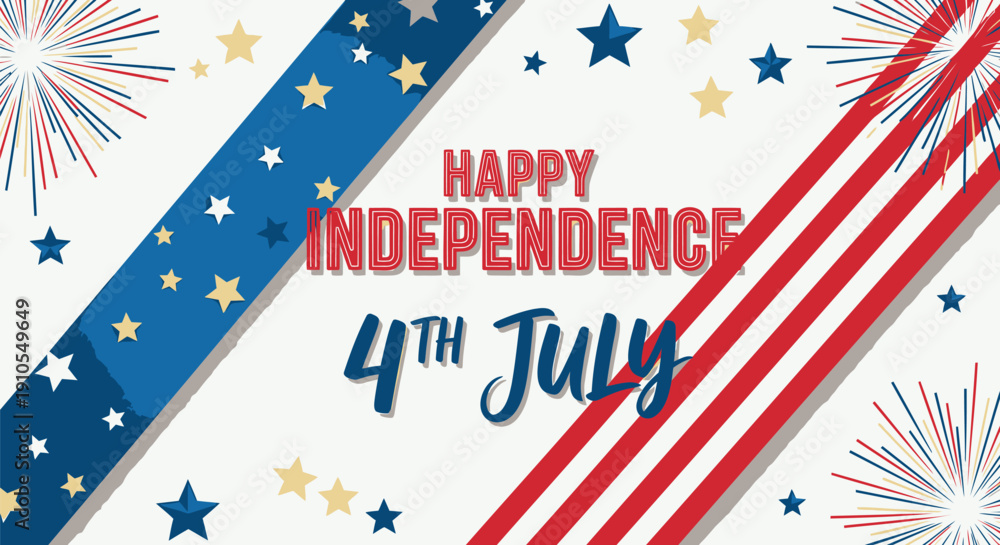 Fototapeta premium Happy 4th of July Independence Day banner with fireworks and stars, vector illustration for poster or social media