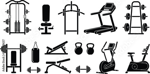 Gym equipment silhouette icon set, fitness workout machines and weight training tools including treadmill, bench press, kettlebell, dumbbell and exercise bike