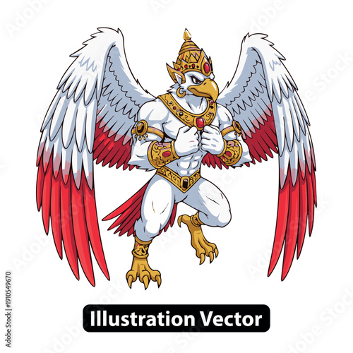 Mythical creature with wings and armor standing heroically in dynamic pose illustration