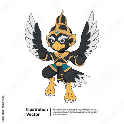 Illustration of mythical creature with wings costume standing boldly on white background viewed directly from front