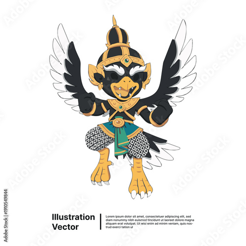 Ancient warrior bird illustration with armor and wings spread wide standing proudly in a mythical stance