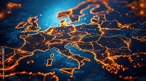 Futuristic glowing digital map of Europe with vibrant orange network lights, dotted city nodes and deep blue sea conveying connectivity and energy