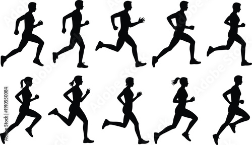 Black running athlete silhouette icon set showing male and female runners in motion isolated on white background for fitness design projects