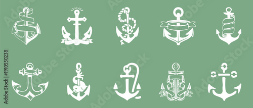 Vector Collection of various anchor symbols on green background