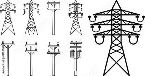 High voltage power transmission tower and utility pole outline icon set, electricity pylon collection, electric grid infrastructure isolated on white background