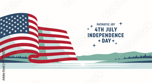 Patriotic 4th July Independence Day banner with American flag wave, for mockup or poster