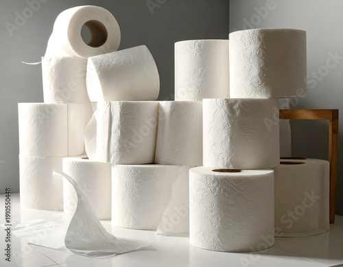 Wallpaper Mural Stack of white toilet paper rolls on a white surface against a gray backdrop Torontodigital.ca