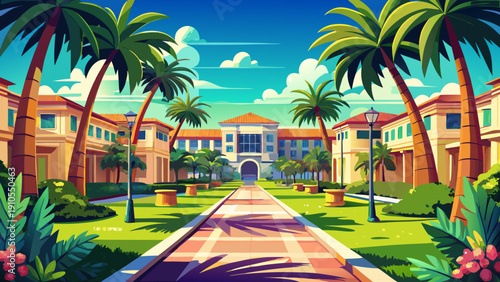 Very beautiful tropical university campus in South Florida, featuring palm-lined walkways, Mediterranean-style buildings, and bright coastal sunshine illuminating the academic setting.
