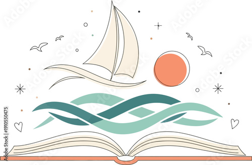 An open book transforms into a sailing ship on waves under a stylized sun, symbolizing imagination and adventure.