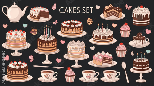Extensive collection of delicious cakes, cupcakes, pastries, and tea sets in a charming vintage style on a dark background.
