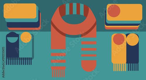 Flat design illustration of colorful winter scarves and accessories, Colorful winter scarves at fair booth