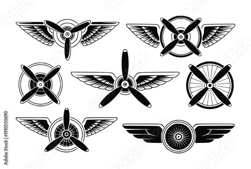 Airplane Propeller Wing Emblem Vector Illustration Set