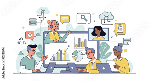 Team of professionals collaborating around laptops with charts and video call visuals